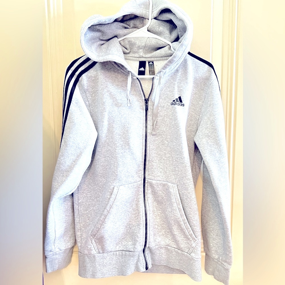 adidas Gray Zip Up Hoodie w/the Iconic Black Stripes Down the Sleeves 🖤